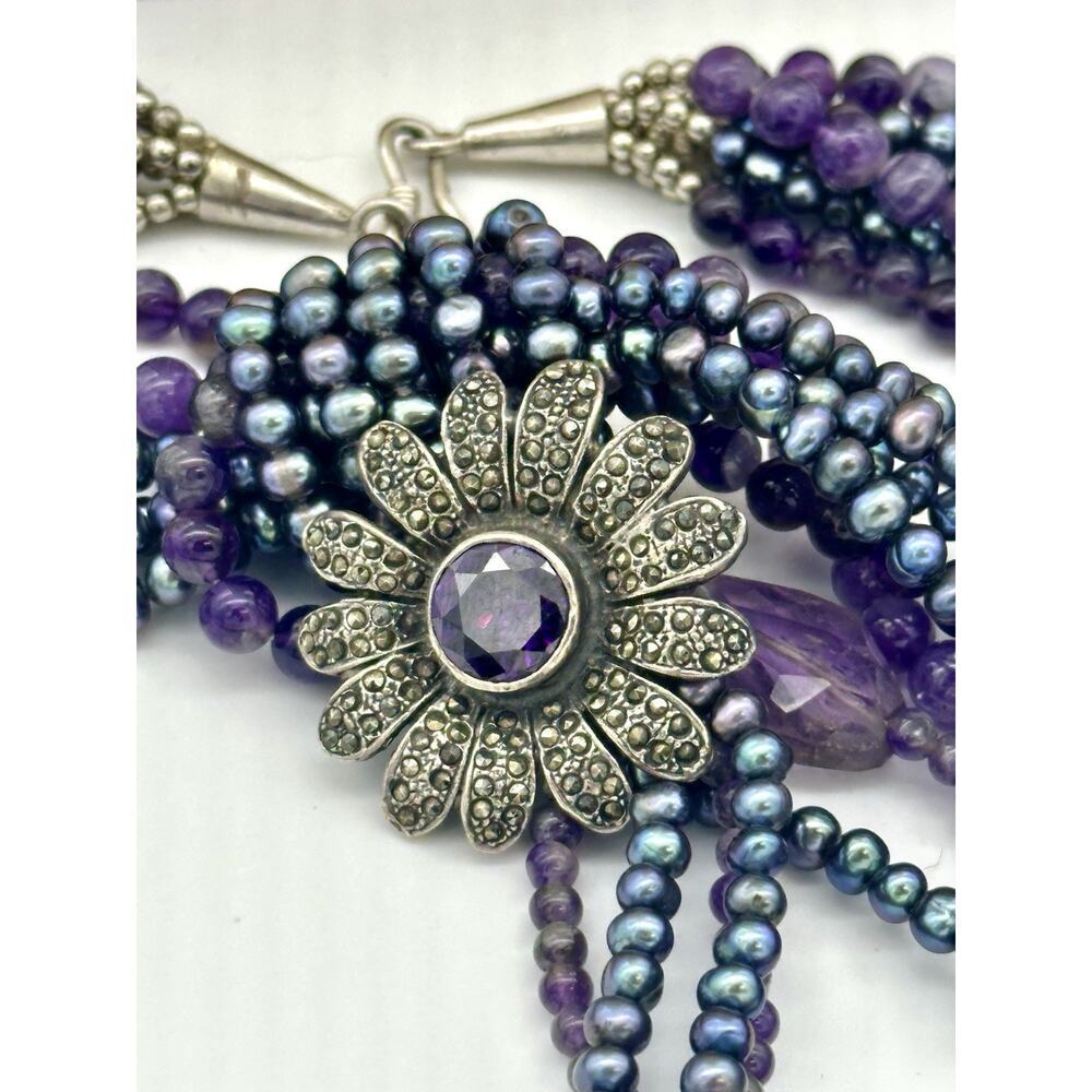 VTG Sterling Silver Natural Pearl Amethyst & Marcasite Statement Necklace Chunky - Picture 9 of 11